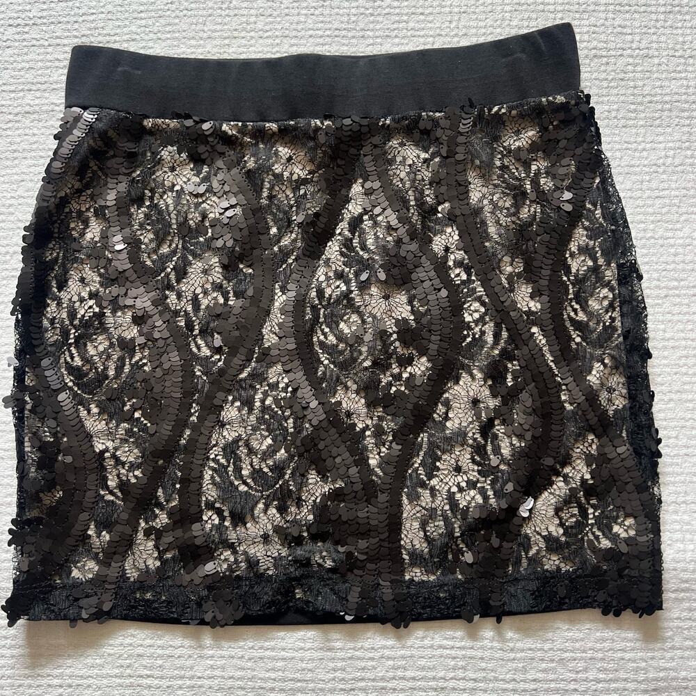 I.N. San Francisco Mini Skirt Large L Sequin & Lace Detail Black & Beige Color